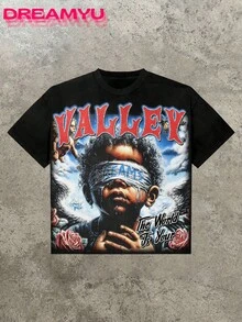 Valley The World Is Your Men's Retro 220g Cotton T-Shirt, Printing Grunge Style, Street Clothes,Christianity Clothing, Large T-Shirt,  Jesus Shirt,Graphic Y2K Shirt, T-Shirt, Christian Clothes ,Gothic Pun - 黑色 - 查看 1