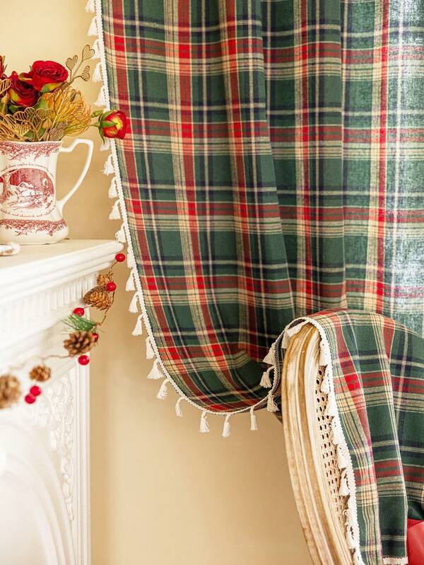 1 pieza de cortina para ventana con borlas a cuadros navideños, tela de franela verde con estampado bohemio a cuadros, cortina corta para cocina, cortina divisora de habitación, adecuada para granja, dormitorio, sala de estar, estudio, oficina, balcón, fiesta temática, decoración navideña