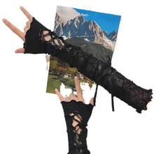 Y2K风格白色蕾丝袖口，轻薄性感系带长手套，女士夏季时尚，摄影道具 - 綁帶蕾絲長款黑 - 查看 4