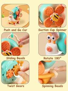 Cute Snail Shaped Baby High Chair Suction Cup Toy, With Rotating Function, Suitable For Babies Over 6 Months, Multi-Functional, Can Be Disassembled Into Small Car, Suction Cup And Fingertip Spinner, Can Be Used As Baby Window Rotation Toy, Snail Shaped Baby Bath Toy, Sensory Education Toy, Newborn Gift
