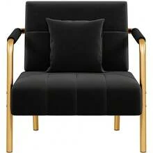 Butterslay 1pc Upholstered Accent Chair Modern Velvet Chair With Golden Metal Legs & Cozy Pillow, Leisure Arm Chair For Home Office - 黑色 - 查看 8
