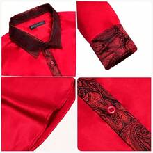 Mens Satin Silk Shirts Long Sleeve Designer Dress Shirt Shiny Untucked Casual Button Down Shirt Party Disco Formalhalloween - B 紅花 - 查看 2