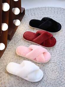 Pantuflas con abertura cruzada para otoño e invierno, estilo plano antideslizante para el hogar. Pantuflas de felpa con tira cruzada para damas, sencillas y de moda. Pantuflas abiertas de dedo para el hogar, pantuflas de algodón cálidas para chicas. Pantuflas de celebridad de internet, suaves y cómodas, pantuflas versátiles de alto valor.
