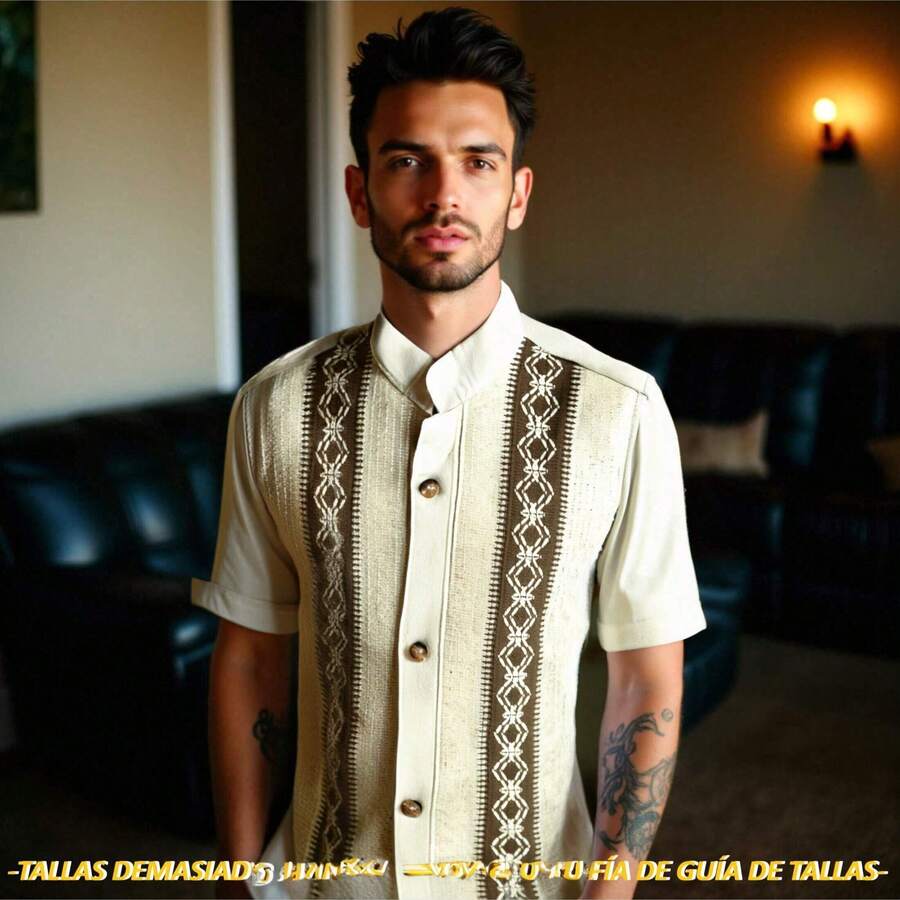 CAMISA AMPLIA MANTA ALGODON CABALLERO APLICACION BORDADO COCOLITOS GUAYABERA BOUTIQUE ROPA HOMBRE TIPICA ARTESANAL TRADICIONAL  CULTURA MEXICANA FOLKLORICA DUO PAPA E HIJO REGALO CUMPLEAÑOS DIA DEL PADRE  GRADUACION FIESTA BODA OFICINA PLAYA VERANO CASUAL COMODA FRESCA MODA ESTILO UNICO ORIGINAL - Beis - Ver 1