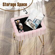 Homodoskey Vanity Stool Chair With Storage Faux Fur Makeup Chair For Vanity 15.7"L X 11.8"W X 19.4"H Soft Ottoman 4 Metal Legs With AntiSlip Feet Modern Multifunctional Chairs For Bedroom Pink