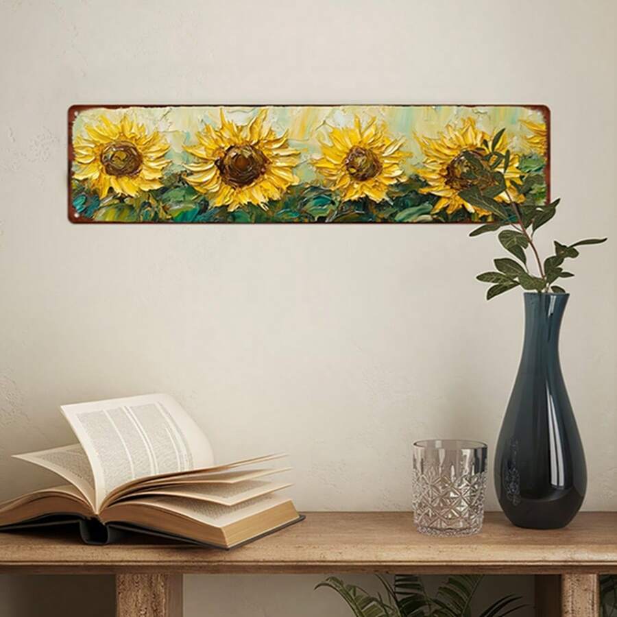 2D Flat, 1pc Vintage Sunflower Metal Wall Art - 2D Flat Iron Sign With Vibrant Sunflowers & Green Leaves, 3.94x15.75 Inch Rustic Kitchen Decor For Indoor/Outdoor Use In Patio, Cafe, Bar, Sunflower Kitchen Decor, Cafe Decoration, Classic Texture, 2D Flat - 彩色 - 查看 1