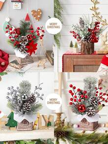 Juego de decoración navideña con barril de tronco, pequeño árbol de Navidad, adornos de sobremesa, accesorios de escena. Decoración del hogar con árbol de Navidad artificial de madera con corteza de PE simulada, pequeño árbol de Navidad de sobremesa con decoraciones festivas como bayas rojas, piñas y decoraciones navideñas para el hogar, la chimenea y la decoración de interiores de invierno.