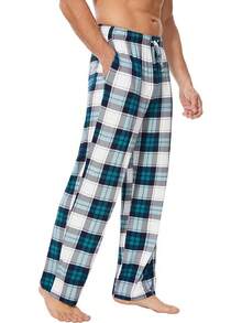 Mens Pajama Pants - Viscose Made From Bamboo, Soft Sleep Pants Comfy Drawstring Lounge Bottom With Pockets Sweatpantshalloween - White & Green Plaid - View 4