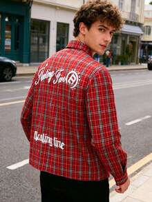 青少年男孩美式涂鸦图案格子衬衫，Y2K 高街时尚短袖纽扣领衬衫 - 紅色 - 查看 6