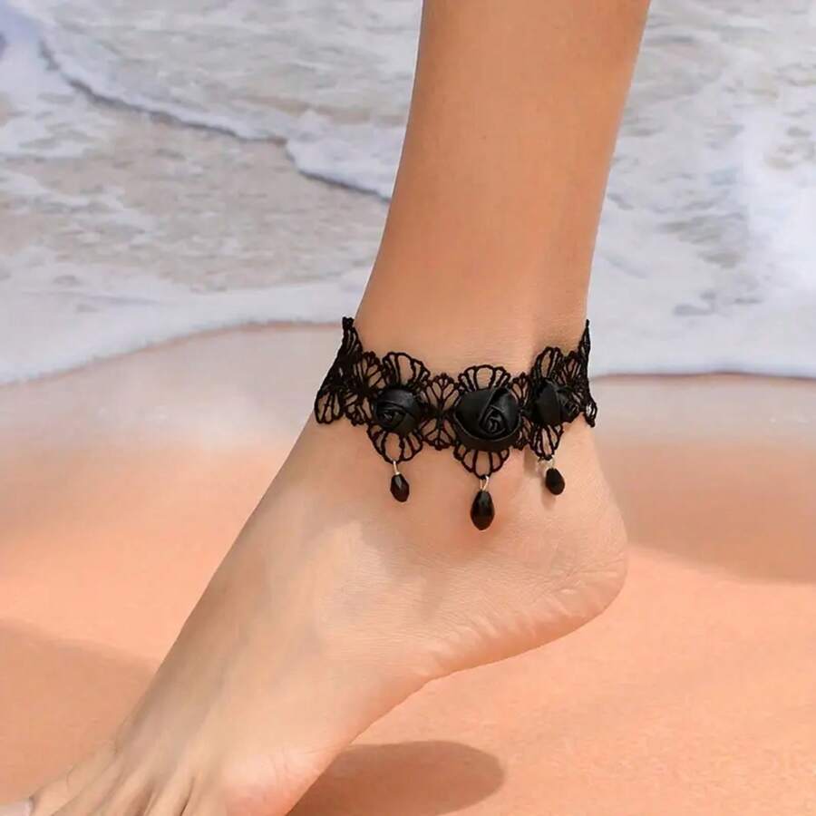 Prizomir Women's Gothic Black Lace Anklet With Beads And Chain - Elegant Anklet Jewelry Suitable For Daily And Party Wear, All-Season Exquisite Foot Accessory, Comfortable And Versatile Design, Year-Round Accessory (Beach, Formal Occasions) - Exquisite Anklet With Intricate Lace Details, Gun Black Finish, Simple Fashion, Suitable For Casual Or Formal Outfits - 黑色的花朵 - 查看 1
