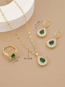 4 件时尚优雅珠宝套装：1 件不锈钢方晶锆石项链、1 对不锈钢方晶锆石耳环、1 件方晶锆石戒指、金银首饰 - 金黃色 - 查看 3