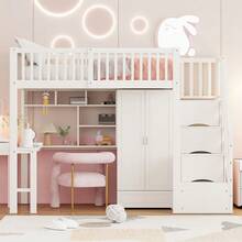 Loftsäng med inbyggd garderob, skrivbord och hyllor: 90x200cm multifunktionell sängram i trä med förvaringstrappa, platsbesparande design, vit - Vit + Massivt trä + 90 cm * 200 cm-4 - Visa 2