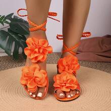 Sandálias rasteiras romanas femininas, modernas e confortáveis, com decoração floral 3D.