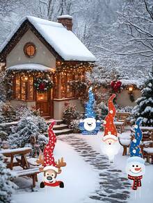 4pcs Christmas Garden Sign Set - Art Deco Style Santa And Reindeer Courtyard Sign, Durable Plastic Material, Outdoor Holiday Decoration, Suitable For Lawn Display, Outdoor Christmas Decorations, Christmas Courtyard Lawn Decorations, Indoor And Outdoor Decorative Sign Marker