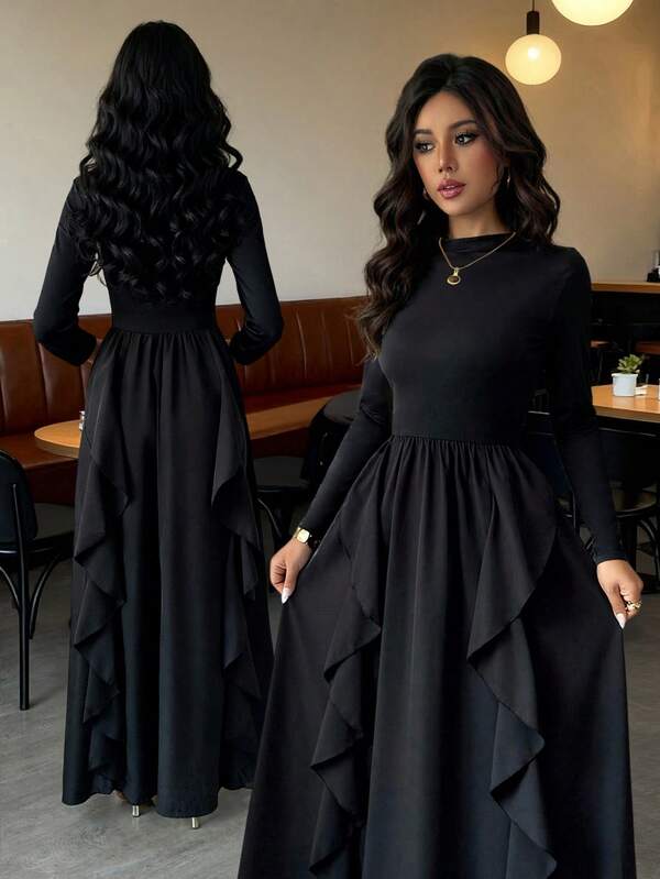 unicolor de otoño, elegante y conservador, con diseño asimétrico/arrugado con encaje/borde de volantes, adecuado para uso diario, festivales, fiestas de cumpleaños, Eid Al Fitr, Día de San Valentín