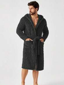 1件男士纹理口袋腰带连帽浴袍休闲款