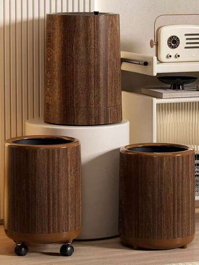 Odor-Proof Wood Grain Garbage Bin: Roller-Equipped, Lid Included, Push-To-Open, Ideal For Bathroom/Hotel/Home/Living Room