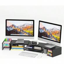 Base para Monitor de Computadora Escritorio Doble, Soporte para Monitor Escritorio Computadora 2 Niveles, Estante Monitor Ángulo y Longitud Ajustable, Accesorios para Escritorio Oficina, Hogar - Rectángulo-negro - Ver 13