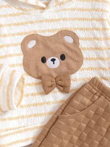 مجموعة بنطلون وهوديي بنقشة الدب الصغير والخطوط الطويلة للأولاد، قطعتان، ملابس يومية عادية للأولاد الصغار