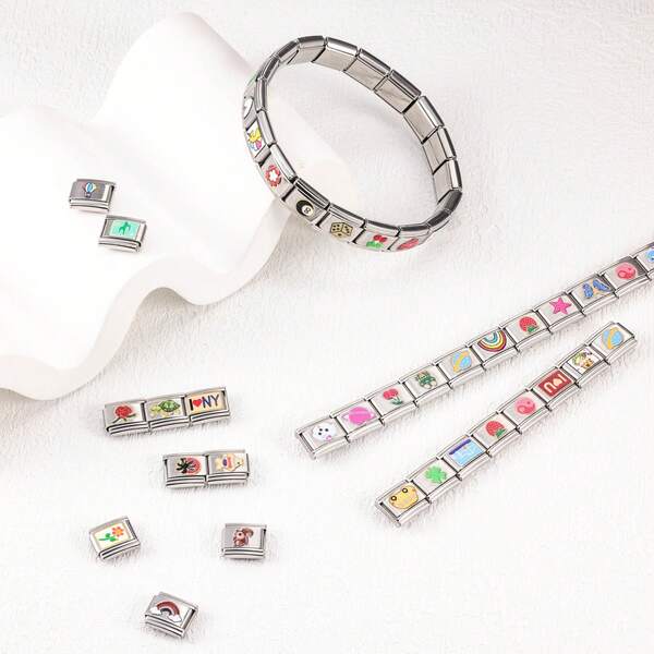 1pc 18-Segment Fashionable Stainless Steel Adjustable Disassemblable DIY Printed Cartoon Pattern Bracelet, Suitable For Women