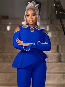 NOU 女式两件套，春秋，圆领镂空露肩水钻饰边，开衩水钻饰边袖子，不对称腰部喇叭形长袖上衣，修身长裤，优雅晚装，通勤，简约风格，舒适女士长袖两件套，纯色优雅水钻女士套装，婚礼，办公室，日常约会，春秋冬 - 寶藍色 - 查看 3