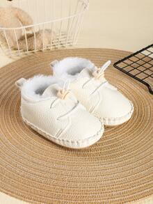 1 Pair Boys' Solid Color PU Elastic Band Design Flat Bottom Plush Lining Casual Sneakers, Suitable For Winter