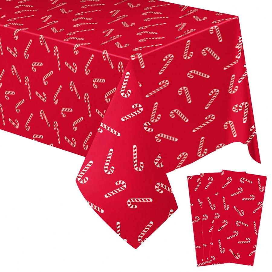 3 Pieces1-Piece Christmas Candy Cane Tablecloth Set, Suitable For Rectangular Tables, Red And Green Disposable Christmas Plastic Tablecloth, Waterproof Candy Cane Christmas Table Decoration, Perfect For Holiday New Year Parties, 54x108 Inches - Red - View 1