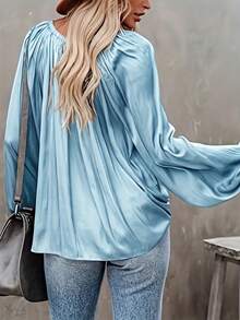 Elegant Women's Shirt, Loose V-Neck Faux Silk Satin Shirt, Balloon Sleeves And Ruched - 藍色 - 查看 2