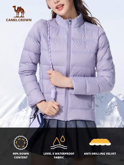 CAMEL CROWN 户外羽绒服冬季男女同款轻薄羽绒服运动罗纹羽绒休闲立领保暖羽绒内胆外套