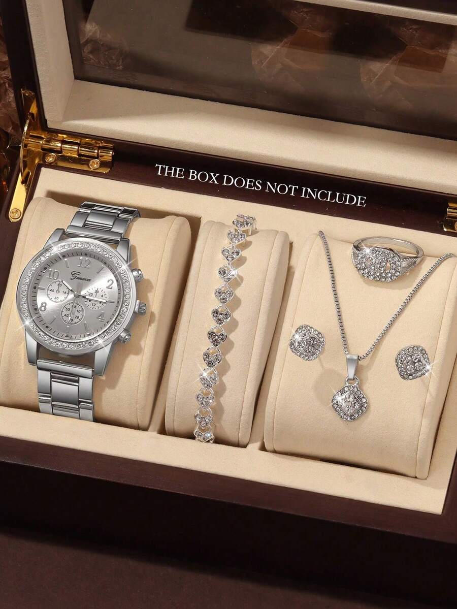 6pcs Gorgeous Women's Quartz Watch Set With Bracelet, Necklace, Ring, Earrings Jewelry Set, Round Dial, Personalized Non Scale Design, Fixed Size Strap, Suitable For Festival Gifts And Daily Wear, Excluding Packaging Box