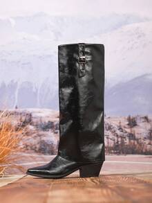 Women's Fashion Over-The-Knee Boots, Black Slip-On Elastic Casual Tall Boots For Commuting, Square Toe Chunky Heel Pants Boots, Comfortable Winter Boots, Decorated With Metal Buckle And Western-Style Embroidery, Suitable For Holidays - Black - View 8
