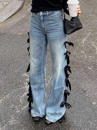 Women's Straight Leg Jeans Y2K Style - Retro Vintage Denim Pants With Bow Side Tie Detail, Comfortable Everyday Casual Wear