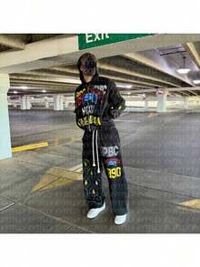 Men's New Fall/Winter Y2K Zipper Hoodie Streetwear Oversized Comfortable Letter Print Design Set - Bộ đồ đen - Xem 2