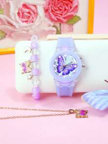 Juego de 3 piezas de relojes de mariposa para niñas - Reloj de cuarzo LED con luz brillante, correa de silicona suave, pulsera con cuentas y collar, regalo de cumpleaños, Navidad y vuelta al colegio para niñas de 3 a 14 años, color morado