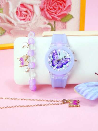 Juego de 3 piezas de relojes de mariposa para niñas - Reloj de cuarzo LED con luz brillante, correa de silicona suave, pulsera con cuentas y collar, regalo de cumpleaños, Navidad y vuelta al colegio para niñas de 3 a 14 años, color morado