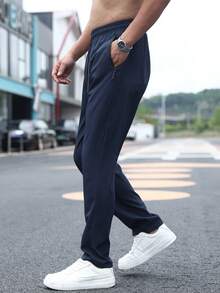 男士运动裤速干裤新款梭织运动直筒速干透气裤运动训练裤带拉链口袋跑步裤 - 藏蓝色 - 查看 6