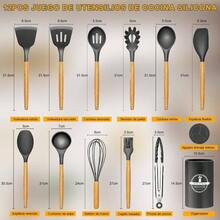 Utensilios de Cocina de Silicona, Juego de Utensilios de Silicon con Mangas Antiadherentes, Resistentes al Calor, sin BPA, Herramientas y Paletas para Cocina Negro, 12 Pcs - 12 piezas + gris - Ver 3