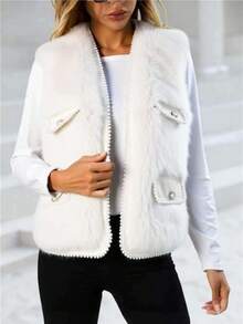 Novedad otoño/invierno: chaleco de piel sintética con detalles de perlas. Elegante, informal, sensual, ideal para salir, festivales, Año Nuevo, Navidad, Halloween y citas. - Blanco - Ver 3