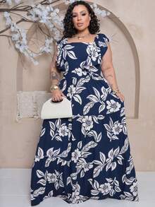 Plus Size Long Dress With Ruffle On The Shoulder - Navy Blue Estam. - View 4