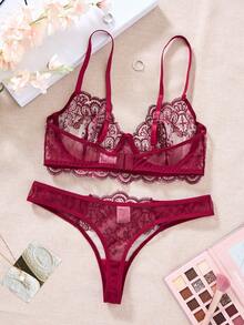 1 Of 2 Pieces Of Women's Christmas Wine Red Sexy Fun Underwear Set, Semi-Transparent Embroidered Ruffle Hem Bra And Triangle Panties Lingerie Set, Christmas Halloween Crazy Night Party Surprise Gift