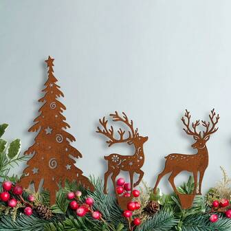 金属花园桩套装、复古乡村风格户外庭院圣诞装饰、耐候乡村风格圣诞装饰、圣诞礼物、大型花园圣诞驯鹿、花园圣诞树树桩装饰、锈迹斑斑的花园装饰