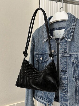 輕便商務休閒黑色 Hobo 包釘裝飾拉鍊適合青少年女孩女大學生、菜鳥和白領非常適合辦公室、大學、工作、商務、通勤、戶外、旅行、郊遊