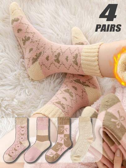 4 paia di calze a metà polpaccio da donna per autunno/inverno, a righe colorate con fiocco, calde e spesse, con fodera termica, tonalità di rosa, versatili