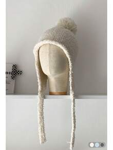 1 件马海毛面料小标志绒球针织护耳帽，适合女士，秋冬，厚实保暖的捕兽帽，可爱百搭