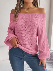 女款露肩鏤空寬鬆素色長袖針織毛衣，性感休閒時尚套頭上衣，適合秋冬 - 粉色 - 查看 3