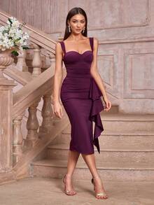 CurvySweet Classic Elegant Fitted Midi Dress With Ruffle Hem, Boned Bodice, Suitable For Business, Social Events, Wedding Party Dress Spring - Burgundy - View 10