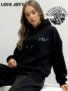 Sudadera de mujer LOVE JOYY con decoración de diamantes de imitación con la frase "Not You", adecuada para volver al colegio, temporada de graduación, otoño/invierno - Negro - Ver 3