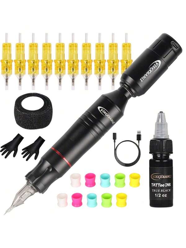 yikexuanli Wireless Tattoo Pen Kit, Wireless Tattoo Machine, Battery Powered, Complete Tattoo Set, 10pcs Tattoo Needles, 10pcs Ink Cups (Random Color), 15ml Black Ink, 1pc Data Cable, 1 Pair Black Disposable Gloves, 1 Roll 2.5CM Black Tattoo Bandage, Equipped With Long-Lasting Battery, Support Portable Fast Charging, Stable Operation, Tattoo Supplies, Suitable For Beginners And Tattoo Artists, Holiday Gift, New Year Gift For Girlfriend And Boyfriend