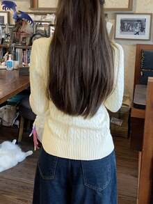 V领拼布学院风活力麻花针织毛衣，秋冬 - 杏色 - 查看 5