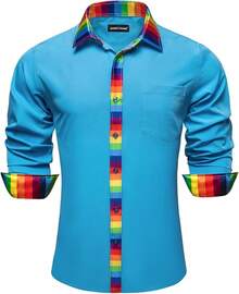 Mens Satin Silk Shirts Long Sleeve Designer Dress Shirt Shiny Untucked Casual Button Down Shirt Party Disco Formalhalloween - Cầu vồng xanh da trời - Xem 7